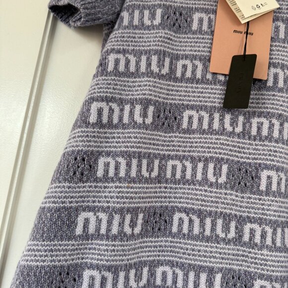 NWT Miu Miu Logo Intarsia Knit Shift Mini Dress Purple Cashmere Crew Neck Sz 38 - Picture 7 of 9